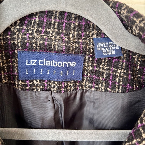 Liz Claiborne Black/Purple Plaid Button-Front Pea Coat/Blazer Wool blend. Med - Picture 2 of 4